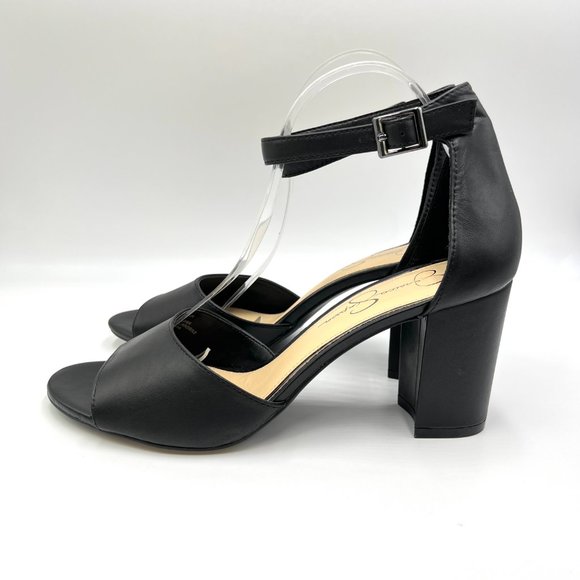 Jessica Simpson Womens Size 11 Black Leather Open Toe Block Heels Sandals Shoes - Picture 6 of 13